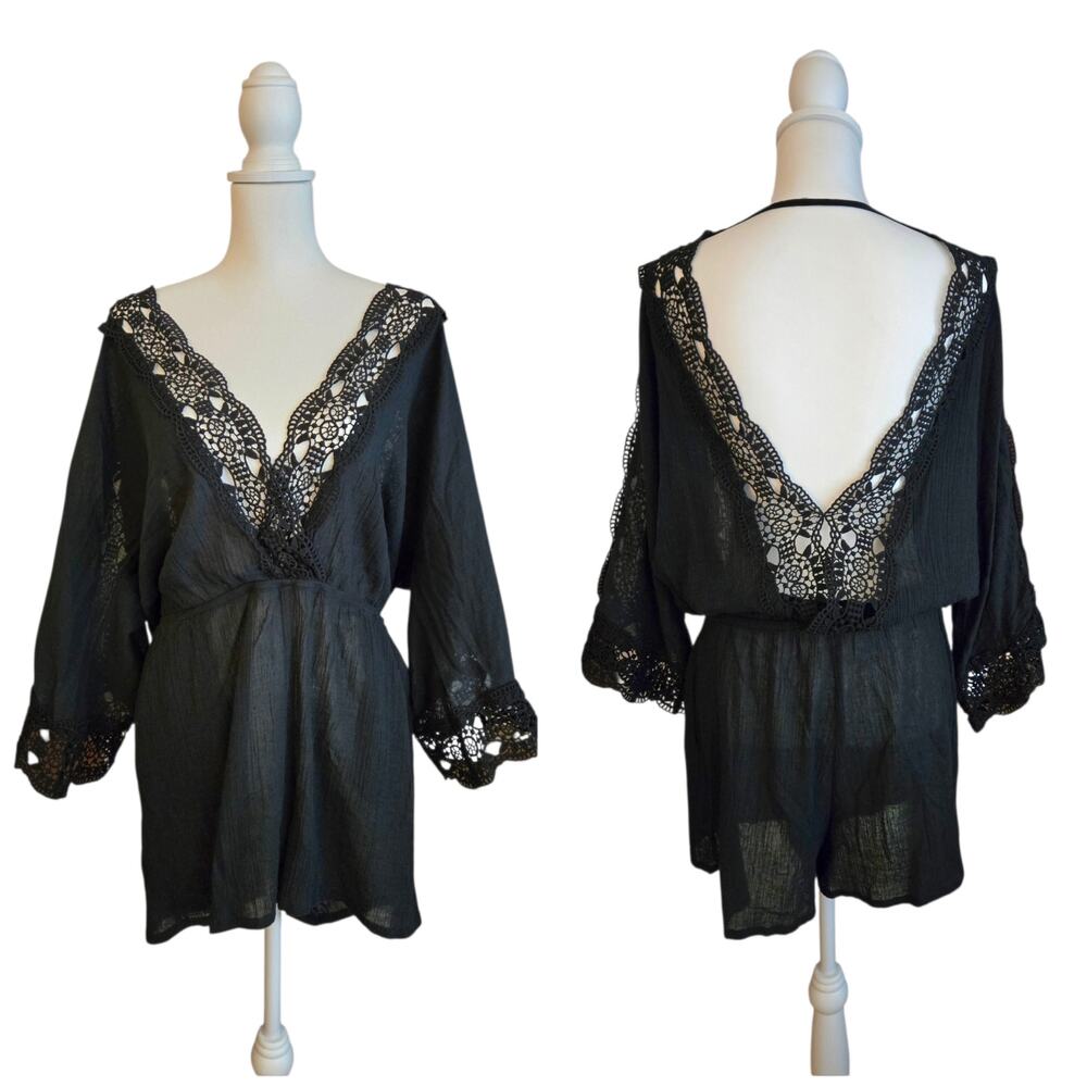 Boho Lace Trim Swim Coverup Romper Size L Black Beachy Vacation La Blanca